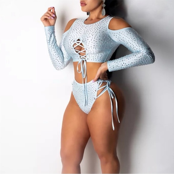 Baby Blue Rhinestone Cut Out Lace Up Long Sleeve Crop Top & Bottoms Rave Set - Picture 7 of 12